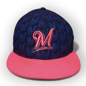 New Era Milwaukee Brewers MLB Baseball Cap 59FIFTY Fitted Hat Size 7 Pink‎ Brim
